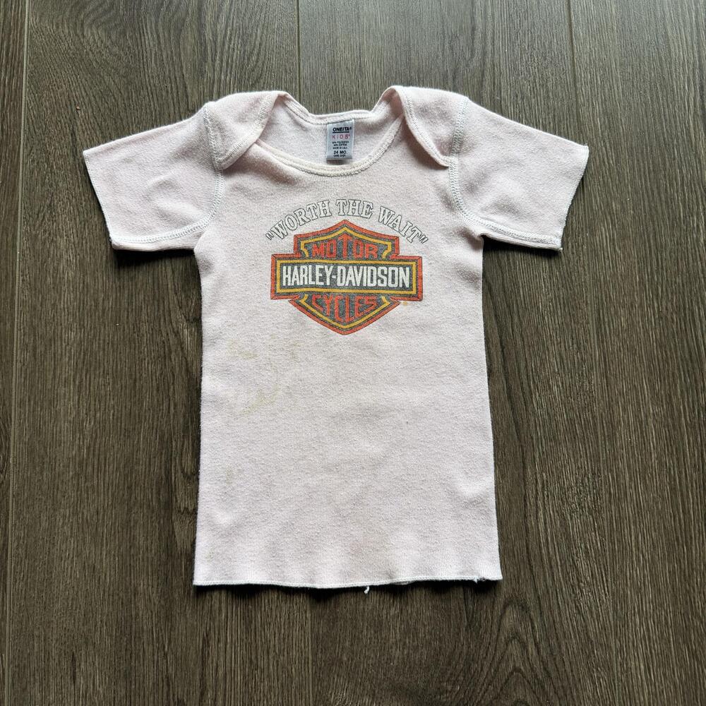 Vintage Harley-Davidson Oneita Shirt Baby Girls 24M Pink Worth The Wait Graphic